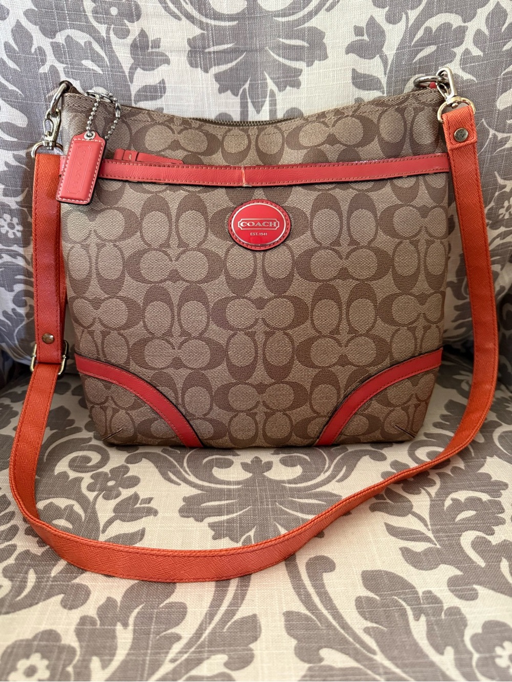 Coach Brown Signature Shoulder Bag with Orange-Red Trim